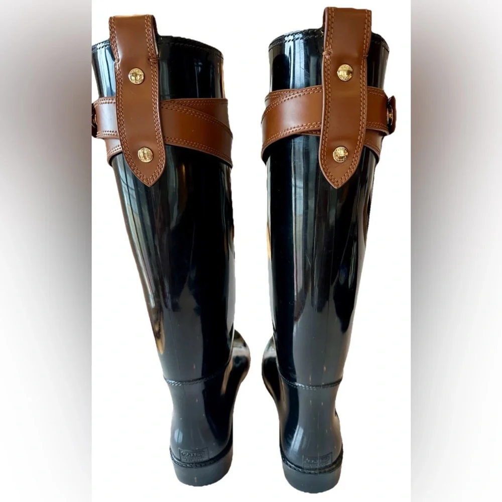 Coach Talia Knee High Rain Boots 9 Glossy Black Brown Buckle Preppy Outdoors